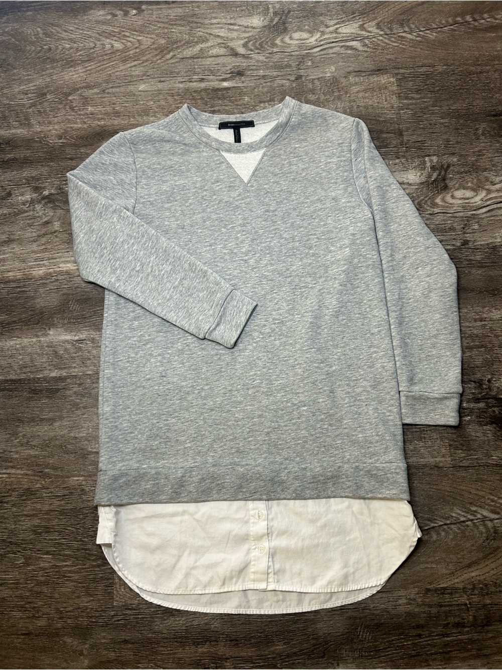 BCBGMAXAZRIA Women’s Small Gray Layered Sweatshirt Shirt Tail Tunic Pullover